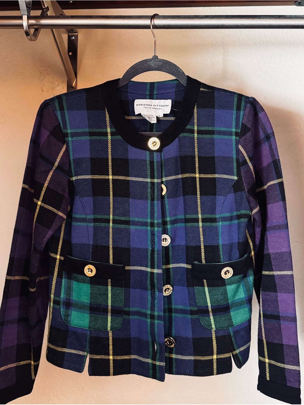 Adrienne Vittadini Plaid 100% cotton Jacket 6 petite. Classic style with pockets